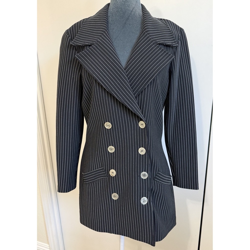 90s Betsey Johnson LG Navy/White Striped Mid Hip Length Blazer Double Breasted